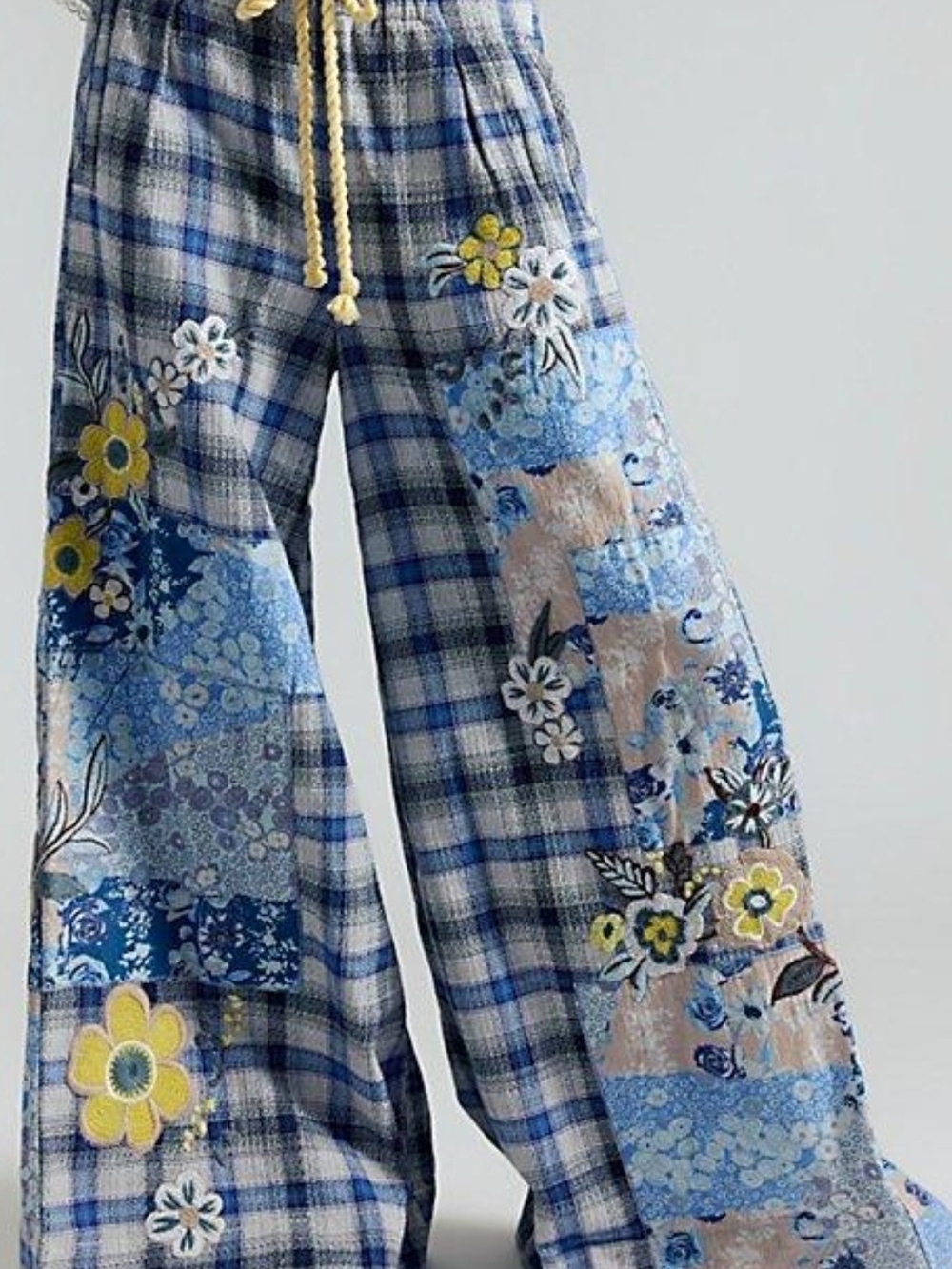 Free People Blue Patchwork Floral Wide-Leg Pants